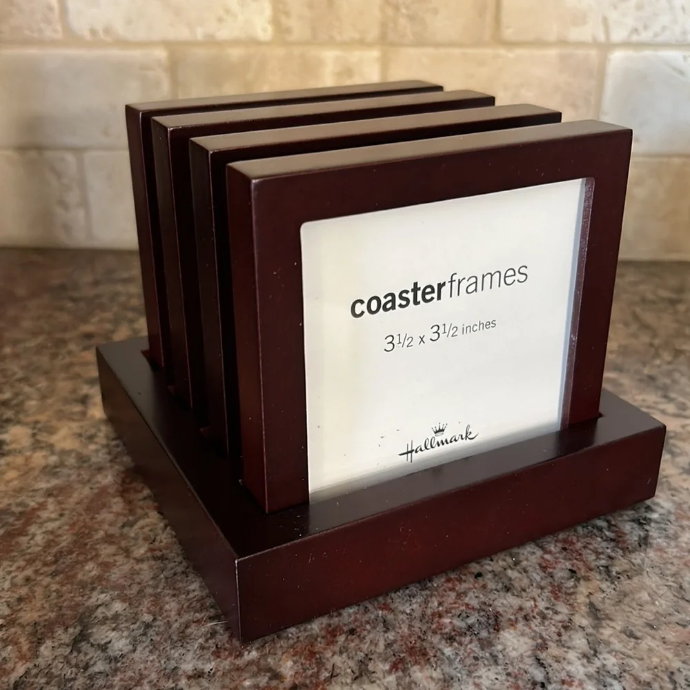 Coaster Frames Cherry Wood -Custom Photo Gift Hallmark 4 Coasters & Holder - Picture 4 of 17
